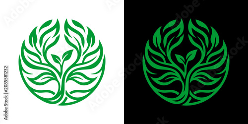 Bild auf Leinwand A green leafy logo illustration is shown against white and dark backgrounds