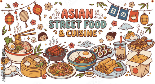 Asian street food and cuisine illustration featuring noodles dumplings and various dishes in a colorful style
