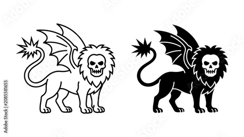 Εκτύπωση καμβά Mythical Creature: Two stylized heraldic beasts, a winged lion with a skull for a head, depicted in both line art and silhouette