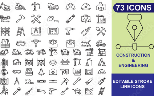 Construction and engineering line icons set featuring tools vehicles and building elements vector editable stroke tool