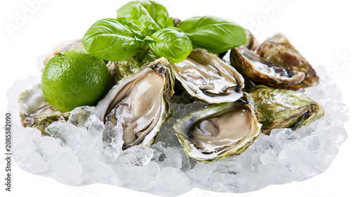Fotografi Fresh oysters on ice with lime and basil garnish