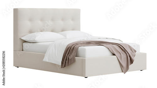 Fotografie Upholstered bed with tufted headboard and beige fabric base