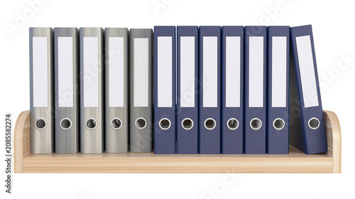 Foto Row of blue and gray ring binders on wooden shelf
