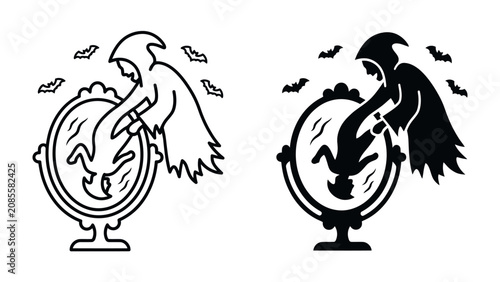 Fotografi Grim Reaper Reflection: An illustration depicts the Grim Reaper gazing into a mirror, with a reflection of a baby looking back