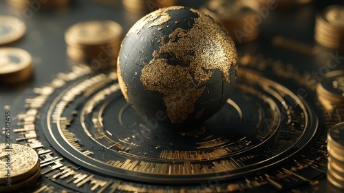 Global economy golden world sphere surrounded by financial indicators and currency reserves representing international trade and economic growth close up investment strategy theme realistic.