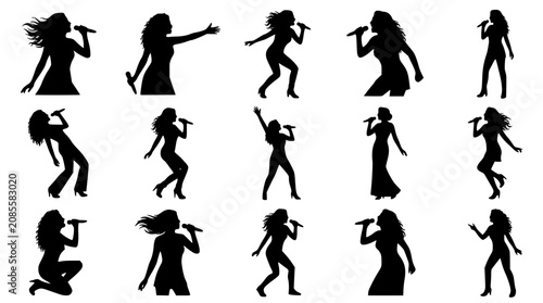 Foto Female singer and pop star musician silhouette icon set featuring women performi
