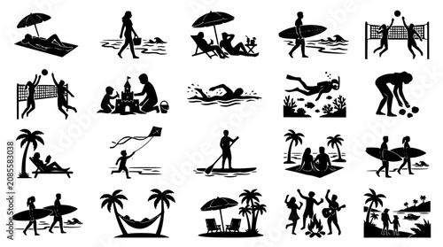 Photography Summer beach vacation and tropical resort leisure activity silhouette icon set f