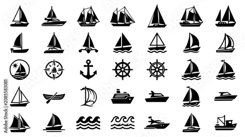 Canvastavla Nautical marine black silhouette icon set featuring sailboat yacht cruise ship a