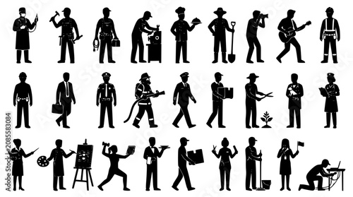 Obraz na płótnie Professional people and career occupations black silhouette icon set featuring d