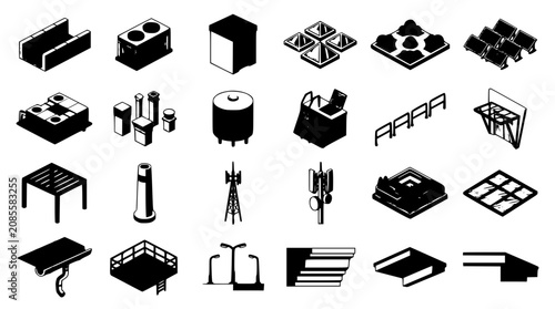 Isometric architectural roof construction and industrial building utility vector element collection black silhouette icons