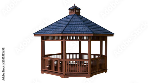 Canvas-taulu Wooden hexagonal gazebo with dark blue shingled roof