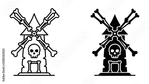 Foto Spooky Tombstone Icon Set: A pair of stylized tombstone icons, one outlined and one filled, feature a skull and crossbones design, perfect for Halloween or horror themes