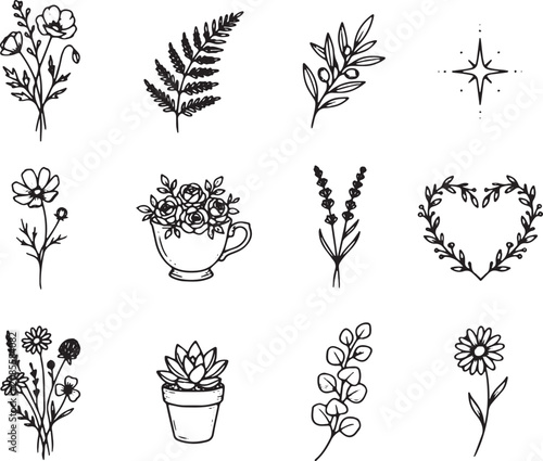 Floral sketches and potted plant illustrations on a white background