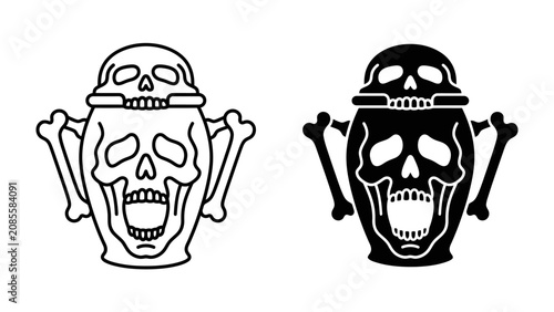 Obraz na plátně Skull and Crossbones Jar Graphic: A stylized jar designed to resemble a skull with crossbones, presented in both outline and silhouette versions for versatile graphic design use