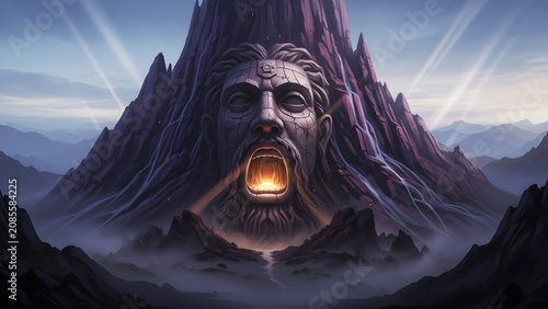 Gigantic stone face of a god emerging from mountain peak with glowing mouth, mountain