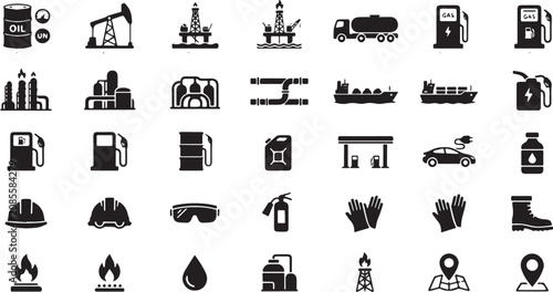Oil Industry Icons Flat Vector Silhouettes On White Background