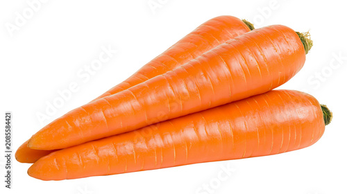 Schilderij op canvas Three fresh orange carrots with green tops