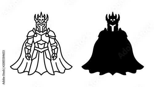 Tableau sur toile Warrior King Icon: A stylized illustration of a warrior king in armor, crowned and cloaked, presented in both an outline and silhouette format, evoking power and fantasy