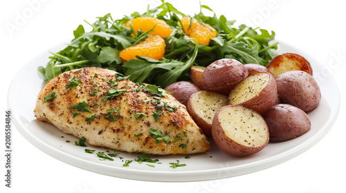 Grilled chicken breast with roasted potatoes and arugula orange salad