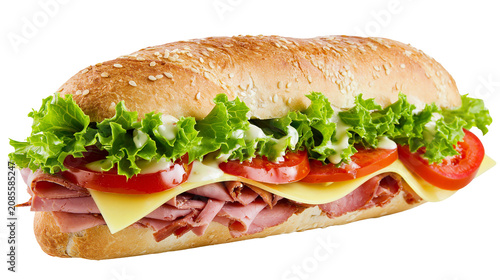Submarine sandwich with ham cheese lettuce, and tomato on sesame seed bun