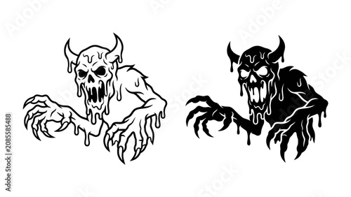 Konstfotografi Horror Creature: A spooky and terrifying demon-like creature with horns, dripping saliva, and sharp claws, presented in both outline and silhouette for a chilling visual effect
