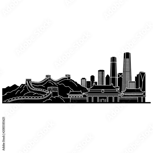 Chinese skyline silhouette with great wall and modern skyscrapers