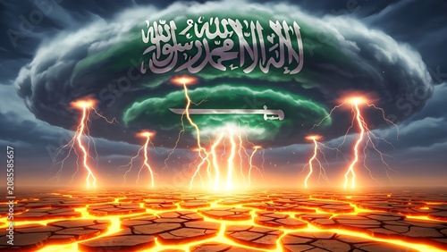 Conceptual illustration of saudi arabia flag above dry cracked earth with lightning
