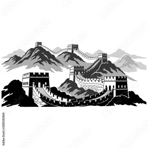 Great wall stone fortification winding through mountain peaks