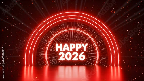Glowing red neon light archway background celebrating happy 2026 new year with abstract