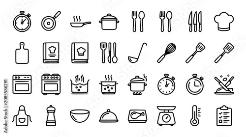 Quadro su tela Kitchen utensils and cooking outline icon set with pots pans chef hat oven recip