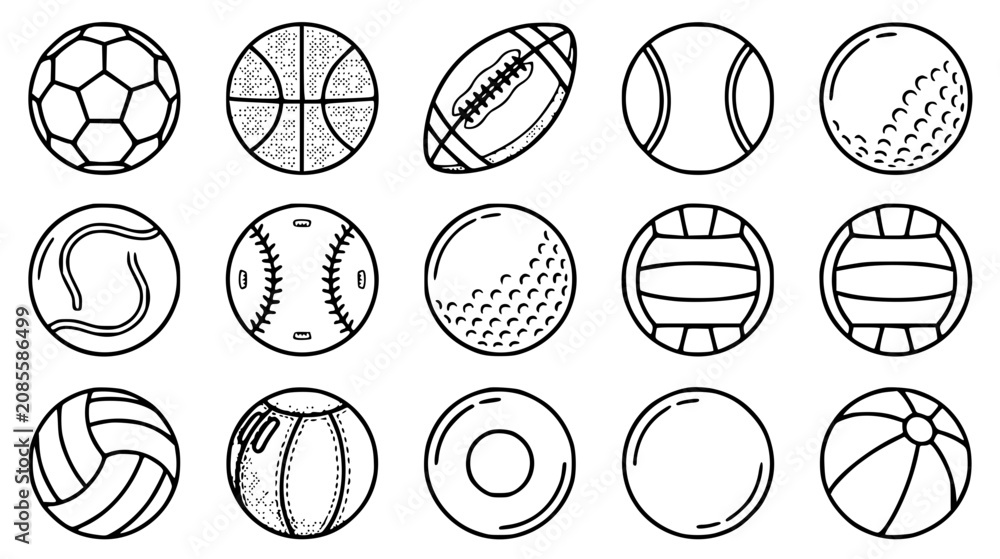 Fototapeta premium Sports balls vector icons set line art outline drawing collection soccer basketball football baseball tennis volleyball coloring page elementsSports balls vector icons set line art outline drawing col