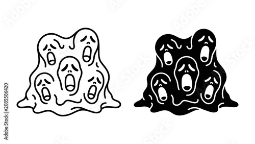 Εκτύπωση καμβά Screaming Faces Blob Illustration: A black and white graphic illustration depicting a cluster of stylized, screaming faces merged into a blob-like form, symbolizing fear or distress