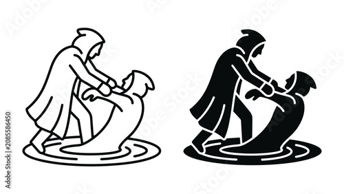 Fotografía Ritual Immersion: Two figures in hooded robes participate in a symbolic ritual, one guiding the other into water, representing purification or transition