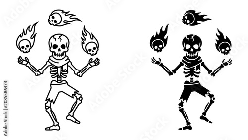 Obraz na plátne Juggler Skeleton with Fiery Skulls: A spooky skeleton figure performs an act of juggling, tossing flaming skulls high in the air with a dark and playful aesthetic