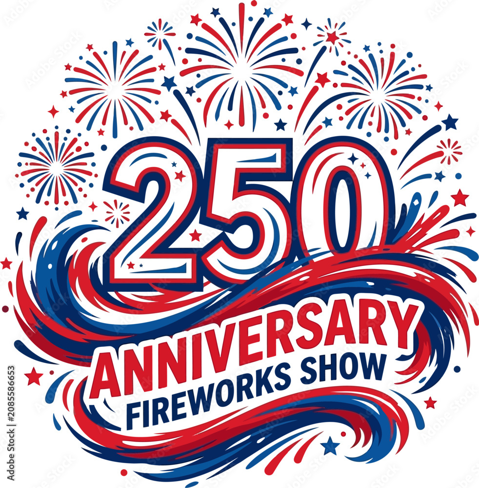 Obraz premium 250th Anniversary Fireworks Show with Red Blue Swirls and Starbursts Vector Illustration