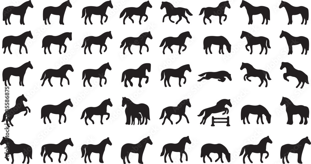 Fototapeta premium Running and Jumping Horses Silhouette Collection, Minimalist Black Horse Vector Elements