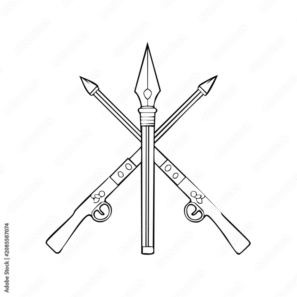 Fototapeta premium Antique Spear and Crossed Muskets Emblem Outline Illustration Symbolizing History and Warfare