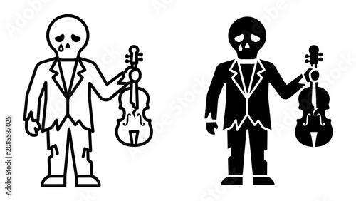 Fotografie Zombie Musician: A stylized representation of a zombie musician, depicted in both outline and silhouette, holding a violin, evoking a sense of melancholy and dark artistic expression