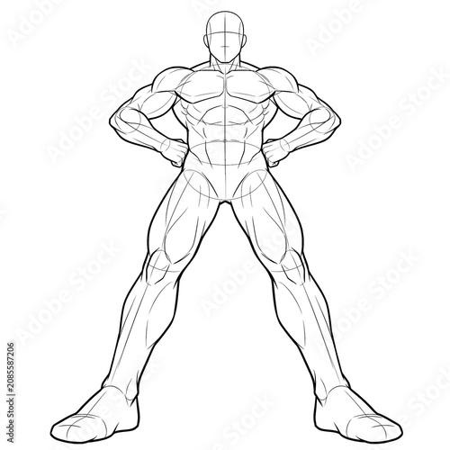 Hand drawn sketch of muscular male superhero arms akimbo extreme isolated.