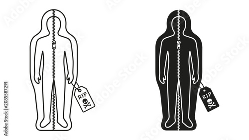 Φωτογραφία Human Body Bag Icon: Two icons, one outlined and one solid black, depict a human silhouette inside a zipped body bag with a skull and crossbones tag, symbolizing death or containment