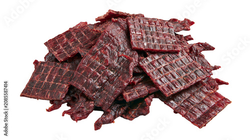 Tableau sur toile Pile of dried beef jerky strips with textured surface