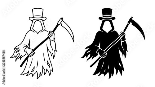 Fotografía Grim Reaper with Top Hat and Scythe: An iconic representation of death, depicted as a robed figure with a scythe and top hat, available in both line art and silhouette form for versatile use
