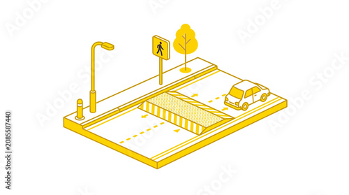 Urban Street Scene Isometric View: Crosswalk, Car, Streetlight, Tree, Pedestrian Sign