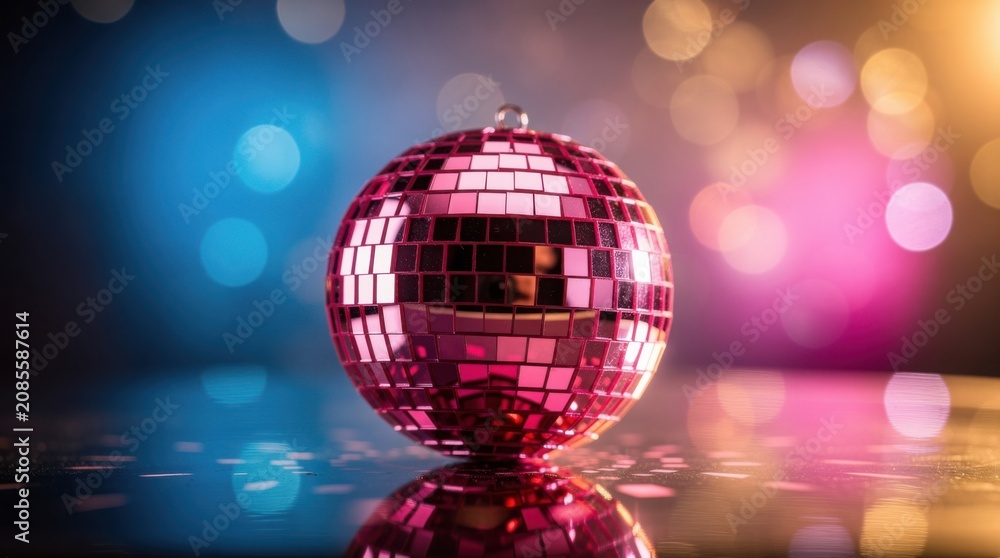 Fototapeta premium A shiny pink disco ball reflects colorful blurred lights in a festive, vibrant atmosphere.
