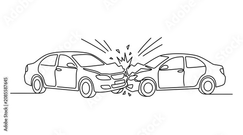 Car Crash Illustration, Two Cars Colliding Head-On, Traffic Accident Line Art