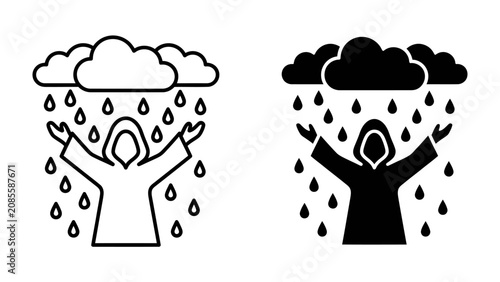Konstfotografi Rain Icon: A graphic illustration depicts a person in a raincoat with arms outstretched under a heavy rain cloud, symbolizing weathering the storm