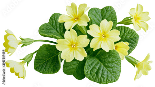 Konstfotografi Yellow primrose flowers with green leaves