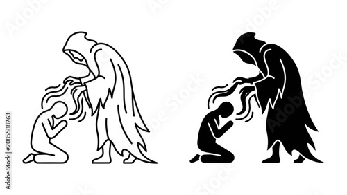 Foto Death Embracing Life: A stark, stylized illustration depicts a hooded, robed figure, symbolizing death, gently touching the head of a kneeling person, representing life