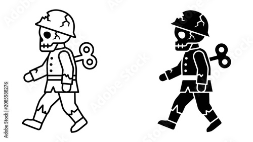Cuadro en lienzo Wind-up Zombie Soldier: A pair of graphic illustrations depicts a walking wind-up zombie soldier in uniform, with one in black and white and the other as a silhouette