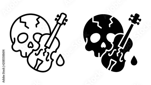 Photos Melancholy Melody: A stark and symbolic depiction featuring a cracked skull intertwined with a violin, with a single droplet falling, representing mortality and the ephemeral nature of music and life
